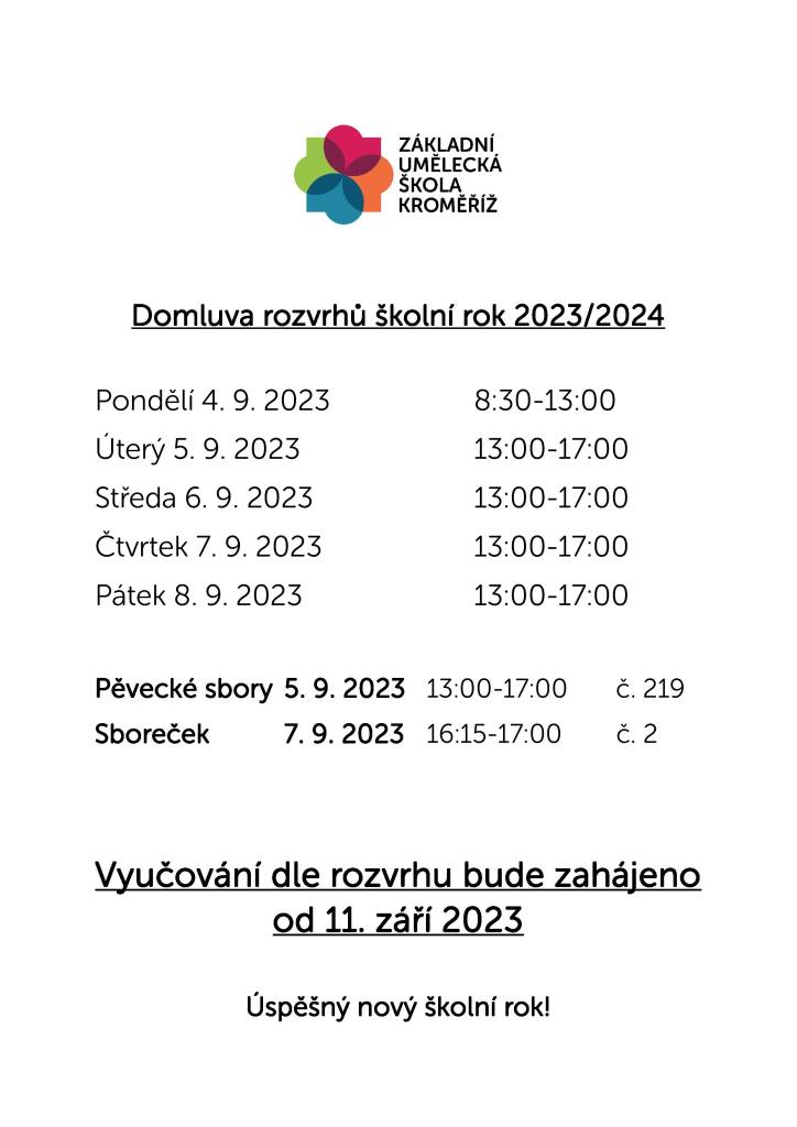 Domluva rozvrhu na školní rok 2023/2024