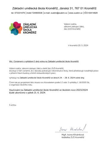 Oznámení o vyhlášení 5 dnů volna