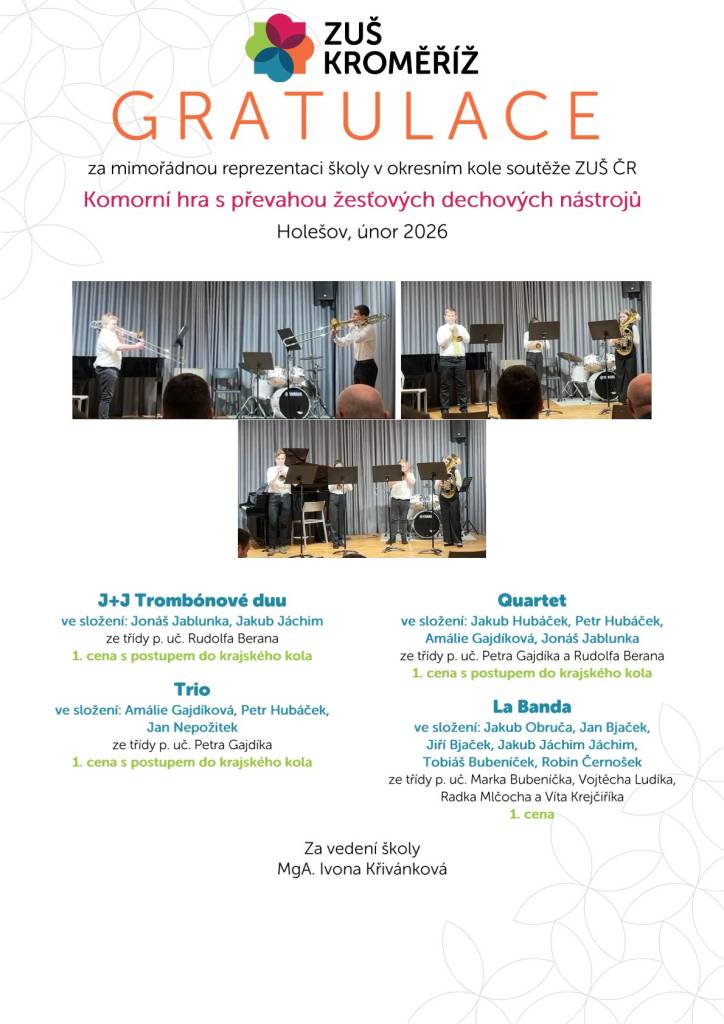 Okresní kolo soutěže ZUŠ ČR v komorní hřes převahou žesťových dechových nástrojů