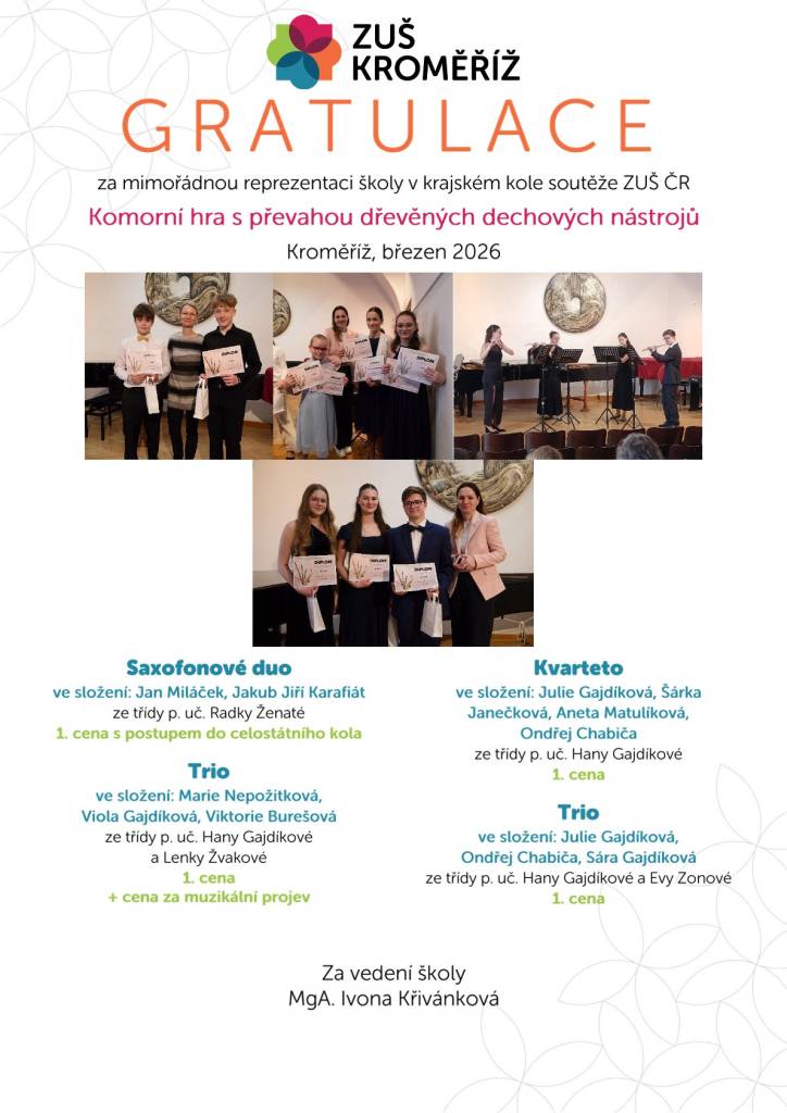 Krajské kolo soutěže ZUŠ ČR v komorní hře s převahou dřevěných dechových nástrojů